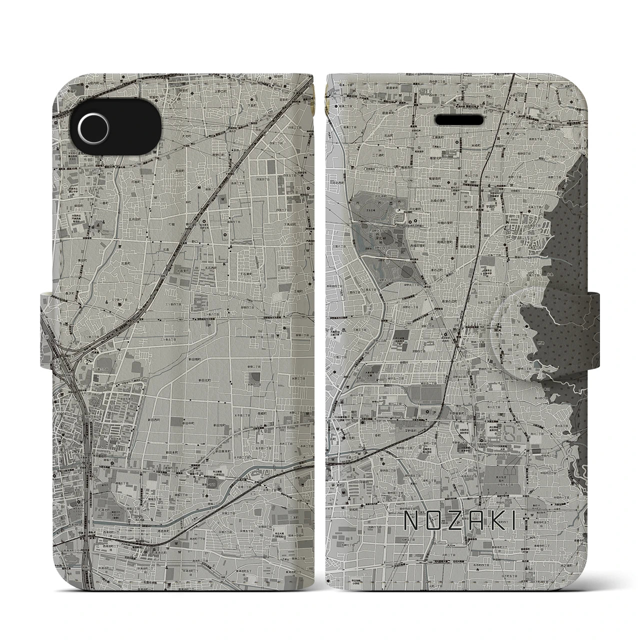 【野崎(大阪府)】地図柄iPhoneケース(手帳タイプ)モノトーン・iPhone SE(第3 / 第2世代) / 8 / 7 / 6s / 6 用
