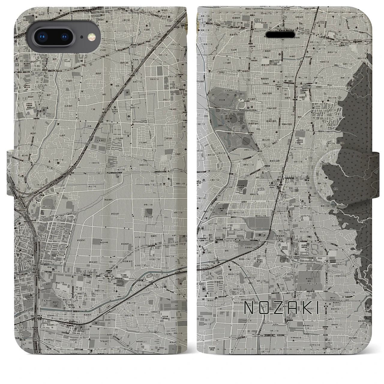 【野崎(大阪府)】地図柄iPhoneケース(手帳タイプ)モノトーン・iPhone 8Plus /7Plus / 6sPlus / 6Plus 用