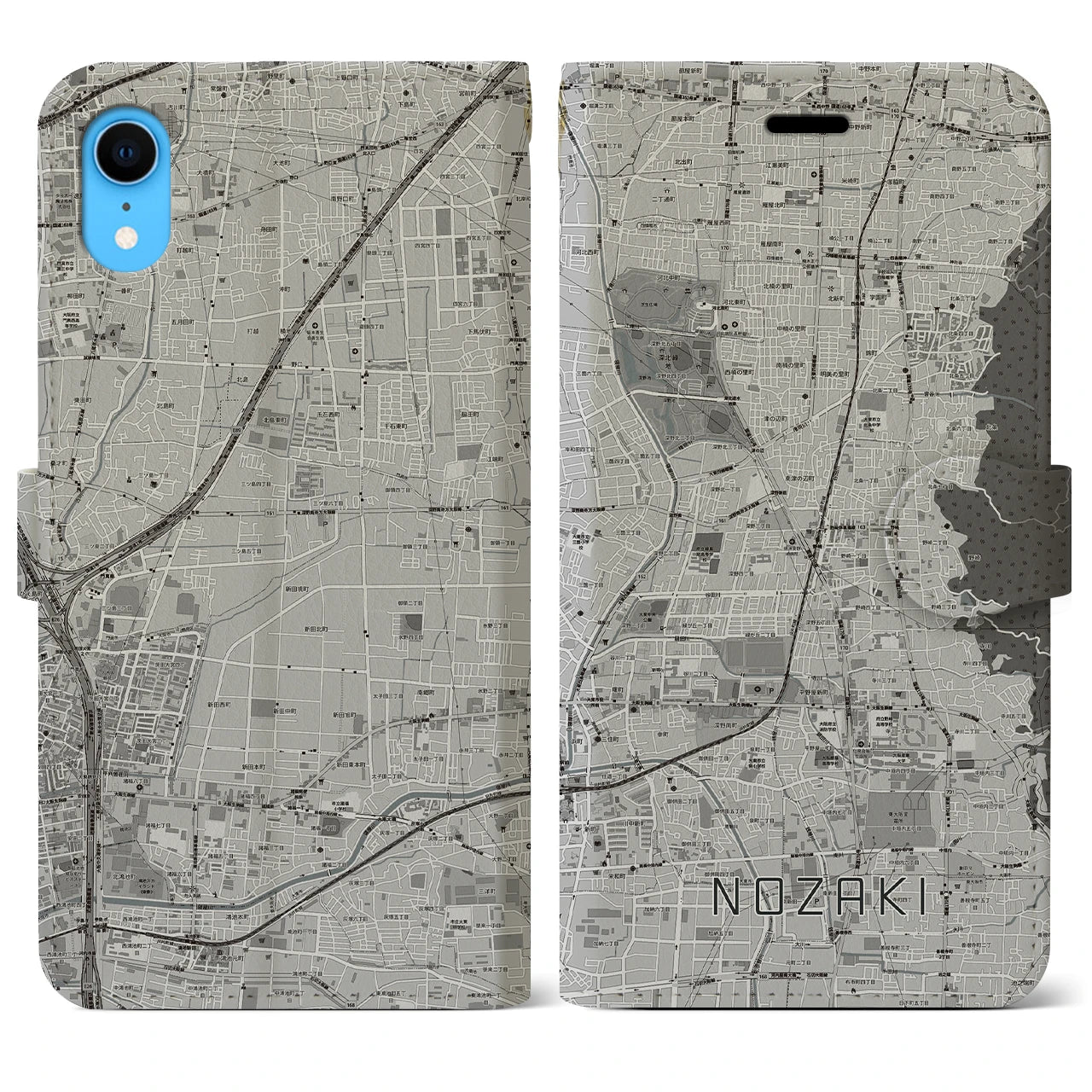 【野崎(大阪府)】地図柄iPhoneケース(手帳タイプ)モノトーン・iPhone XR 用