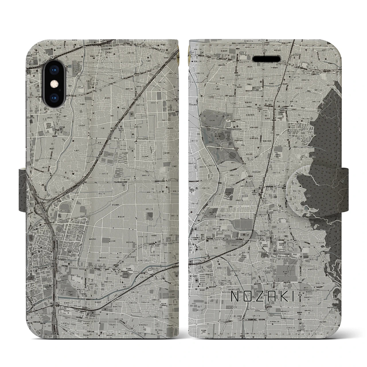 【野崎(大阪府)】地図柄iPhoneケース(手帳タイプ)モノトーン・iPhone XS / X 用