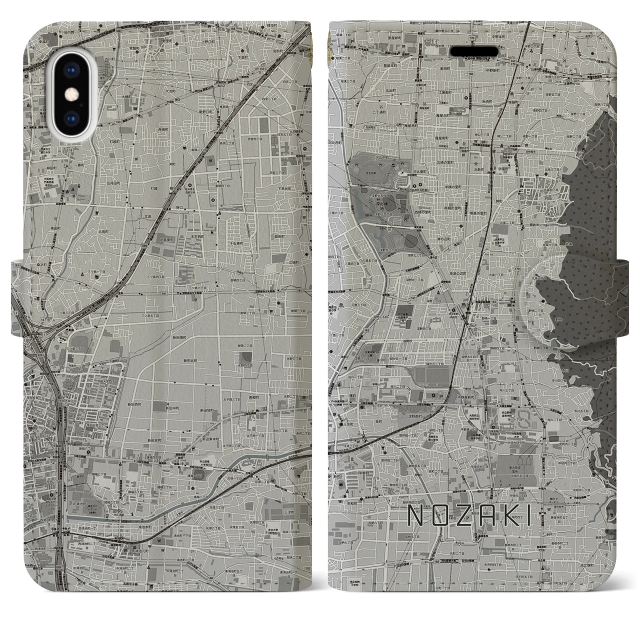 【野崎(大阪府)】地図柄iPhoneケース(手帳タイプ)モノトーン・iPhone XS Max 用