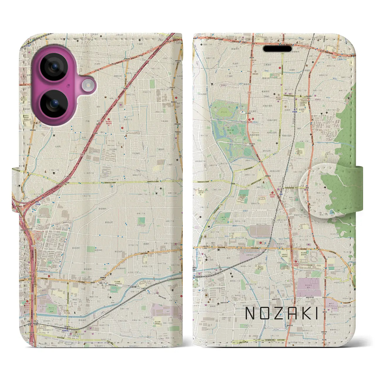 【野崎(大阪府)】地図柄iPhoneケース(手帳タイプ)ナチュラル・iPhone 16 Pro 用