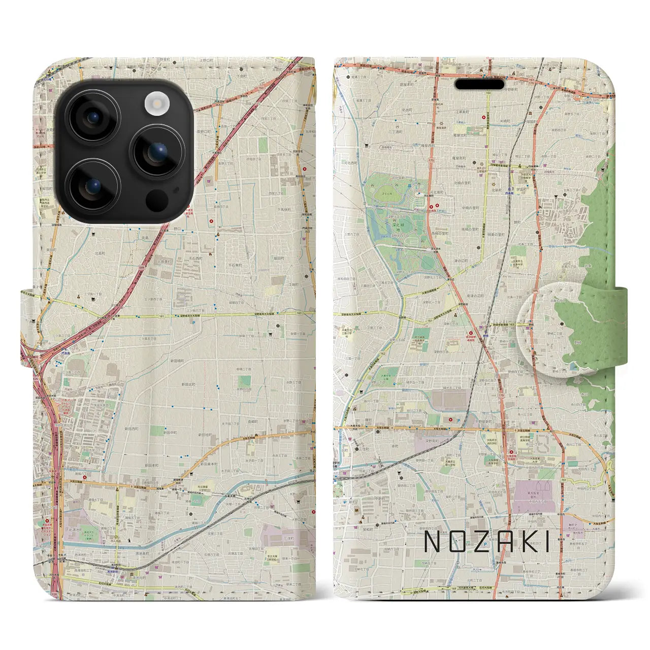 【野崎(大阪府)】地図柄iPhoneケース(手帳タイプ)ナチュラル・iPhone 16 用