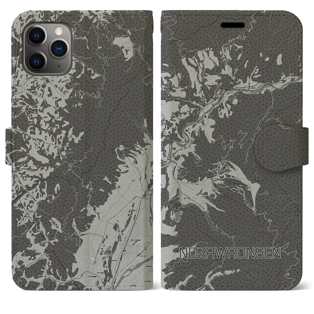 【野沢温泉(長野県)】地図柄iPhoneケース(手帳タイプ)モノトーン・iPhone 11 Pro Max 用