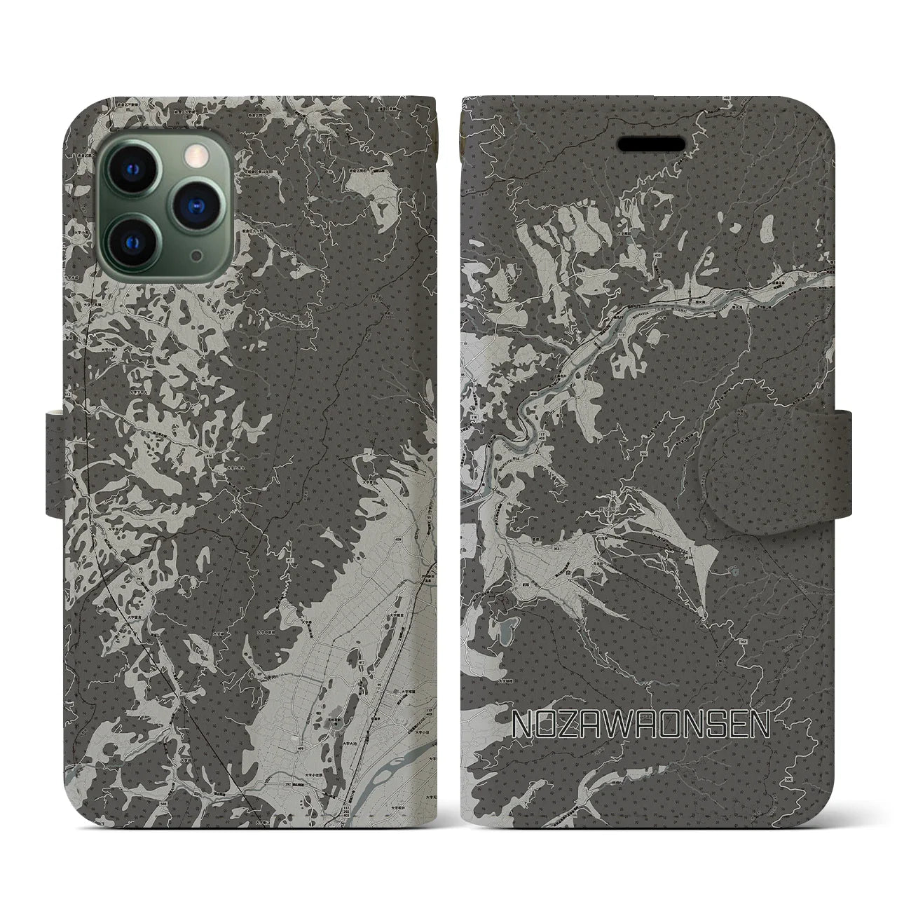 【野沢温泉(長野県)】地図柄iPhoneケース(手帳タイプ)モノトーン・iPhone 11 Pro 用