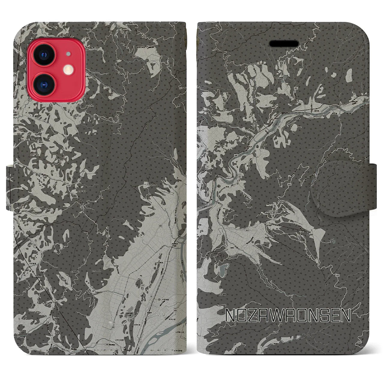 【野沢温泉(長野県)】地図柄iPhoneケース(手帳タイプ)モノトーン・iPhone 11 用