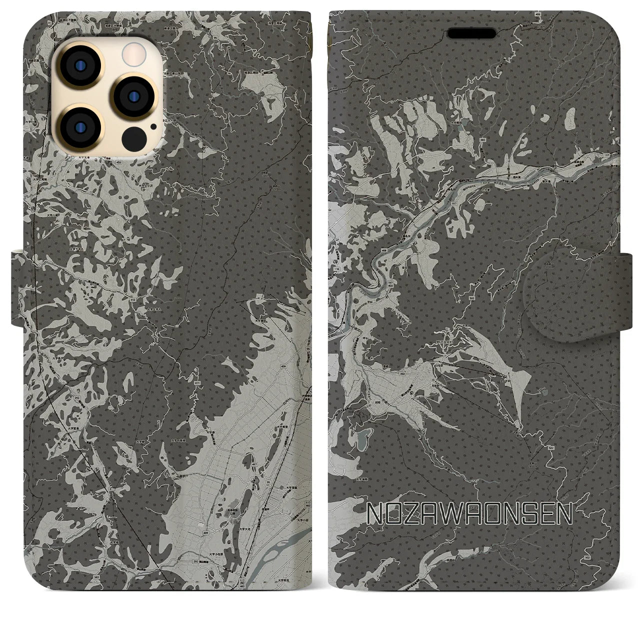 【野沢温泉(長野県)】地図柄iPhoneケース(手帳タイプ)モノトーン・iPhone 12 Pro Max 用