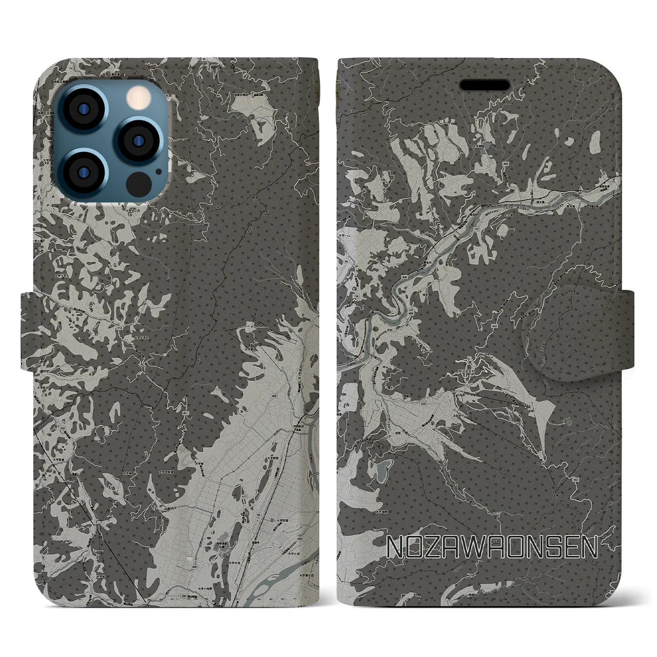 【野沢温泉(長野県)】地図柄iPhoneケース(手帳タイプ)モノトーン・iPhone 12 / 12 Pro 用