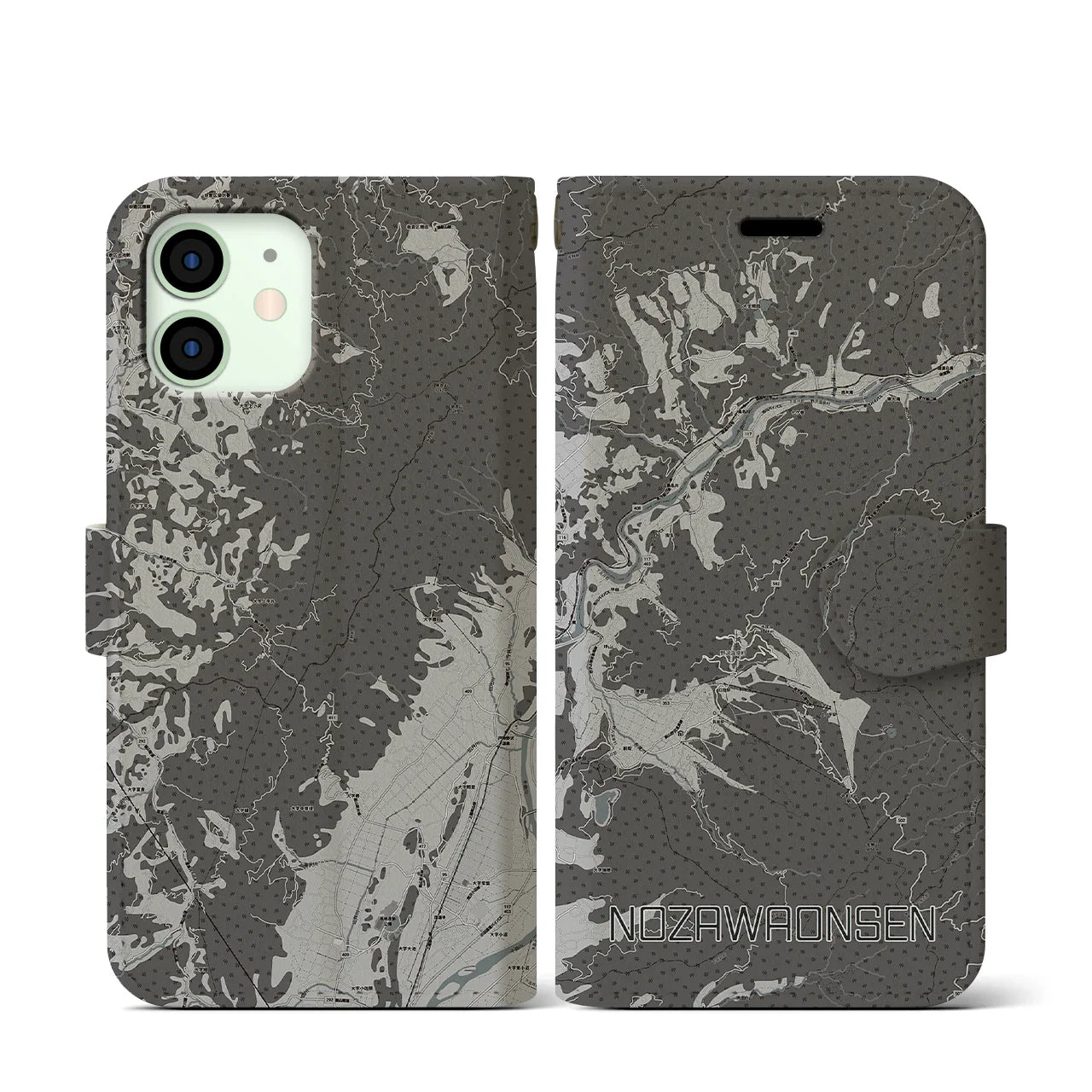【野沢温泉(長野県)】地図柄iPhoneケース(手帳タイプ)モノトーン・iPhone 12 mini 用