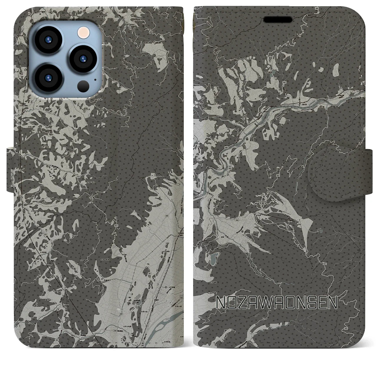 【野沢温泉(長野県)】地図柄iPhoneケース(手帳タイプ)モノトーン・iPhone 13 Pro Max 用