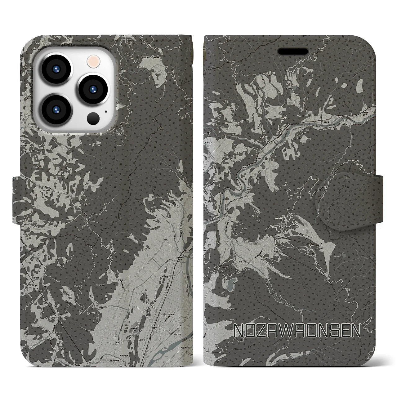 【野沢温泉(長野県)】地図柄iPhoneケース(手帳タイプ)モノトーン・iPhone 13 Pro 用