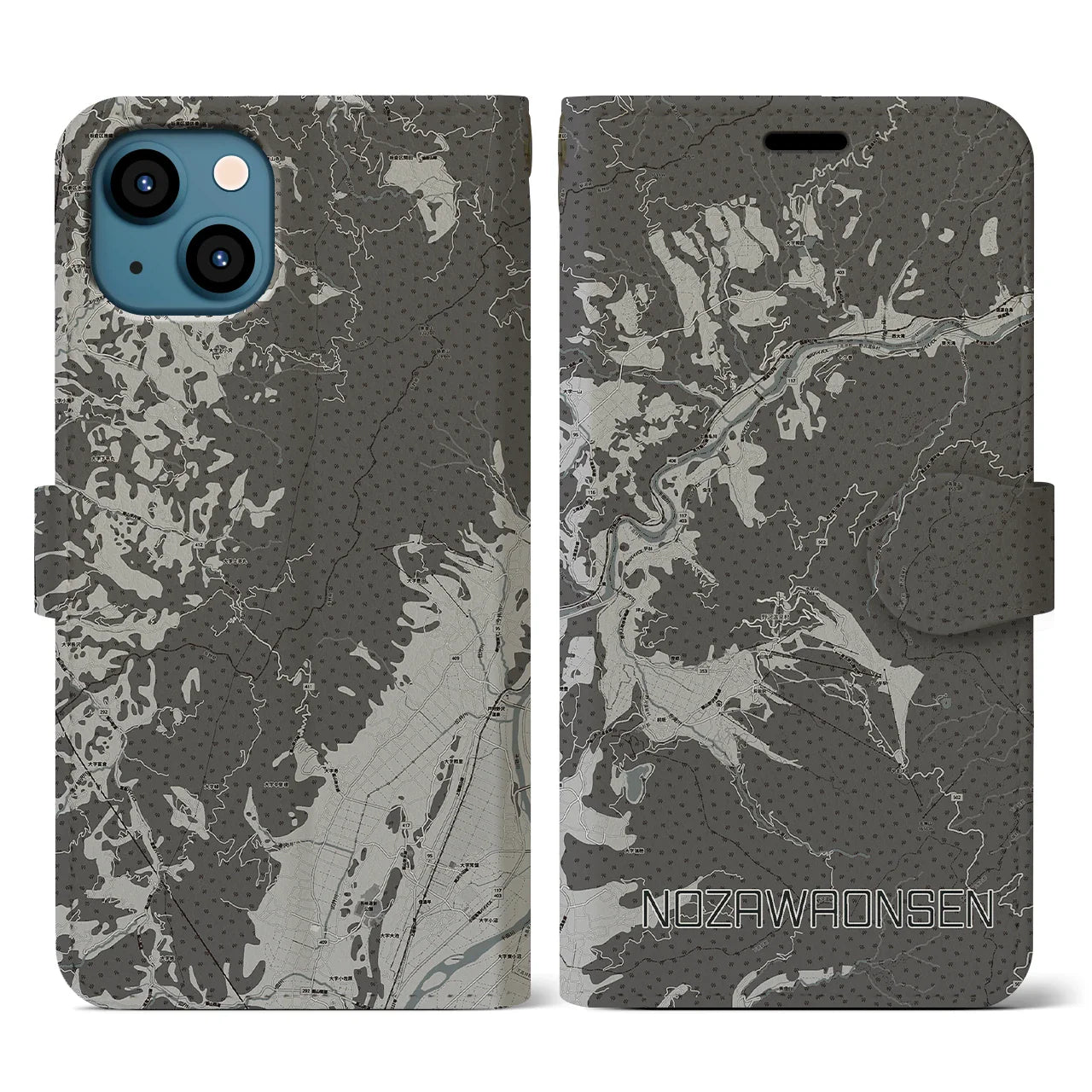 【野沢温泉(長野県)】地図柄iPhoneケース(手帳タイプ)モノトーン・iPhone 13 用
