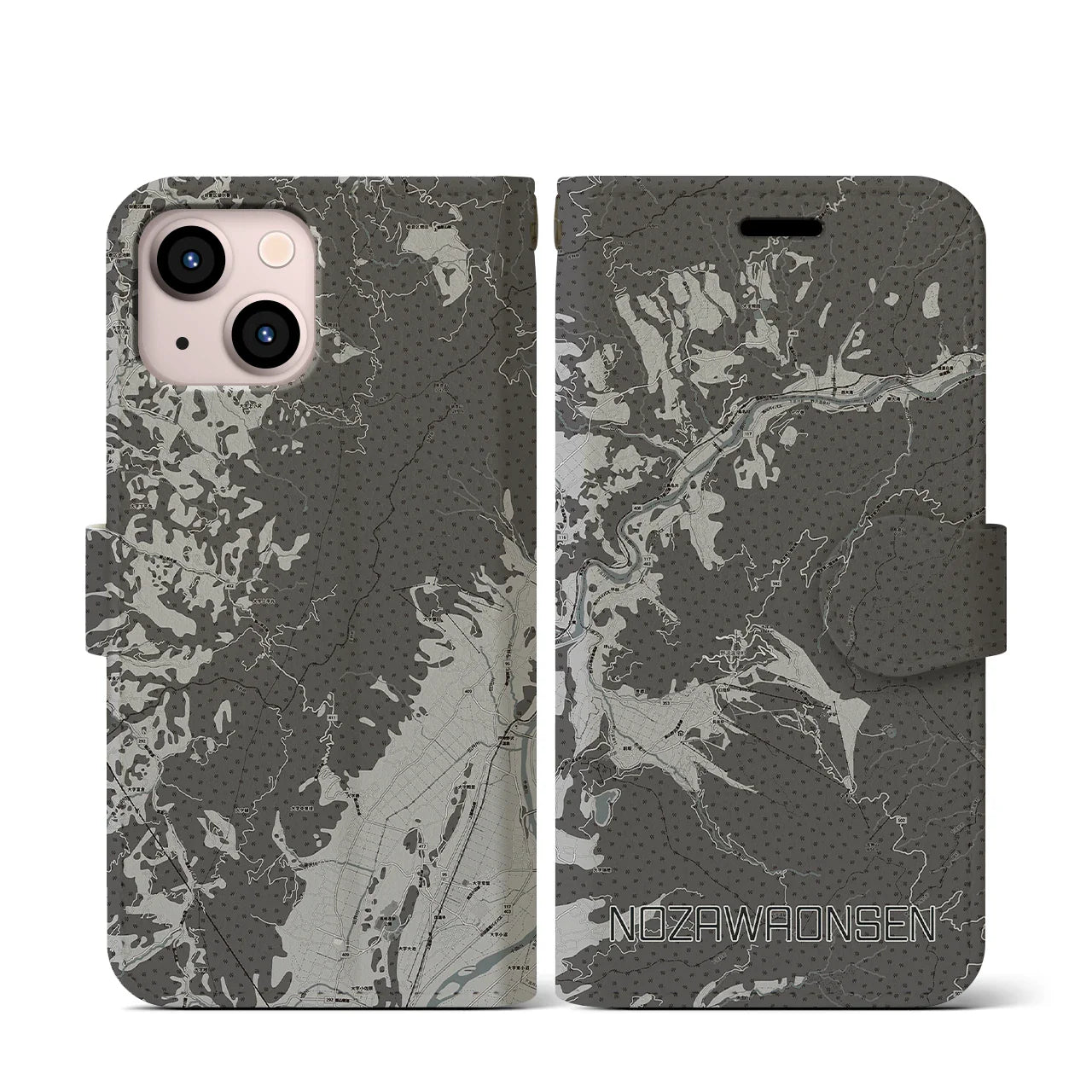 【野沢温泉(長野県)】地図柄iPhoneケース(手帳タイプ)モノトーン・iPhone 13 mini 用