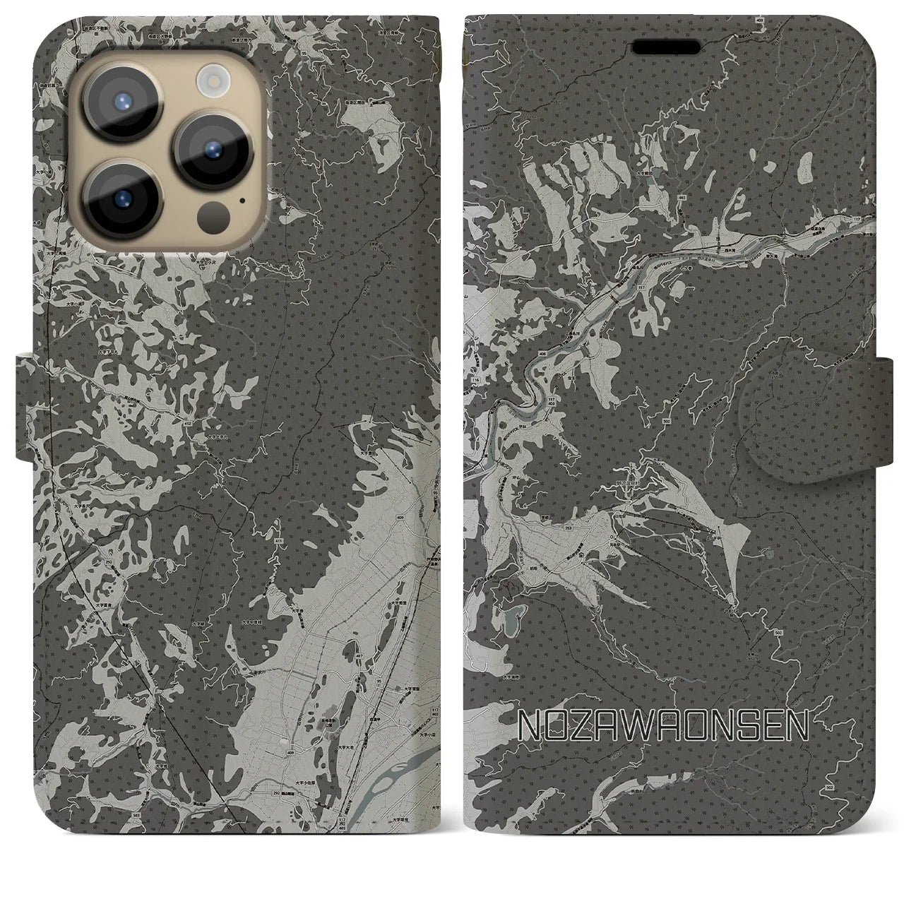 【野沢温泉(長野県)】地図柄iPhoneケース(手帳タイプ)モノトーン・iPhone 14 Pro Max 用