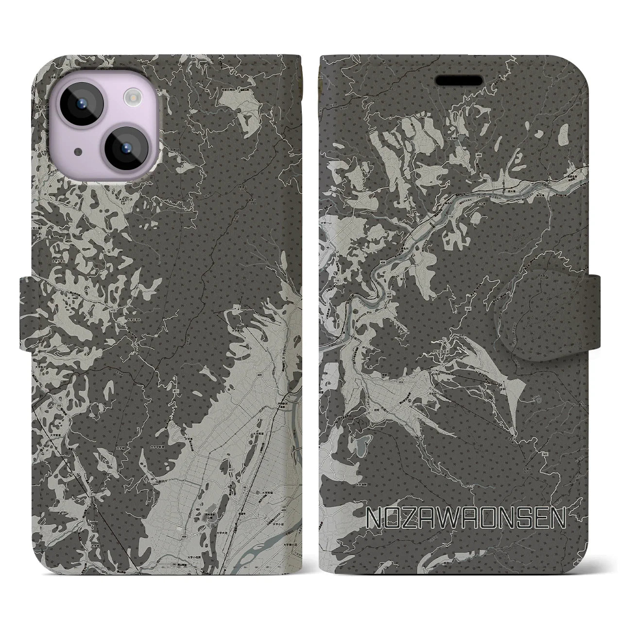 【野沢温泉(長野県)】地図柄iPhoneケース(手帳タイプ)モノトーン・iPhone 14 用