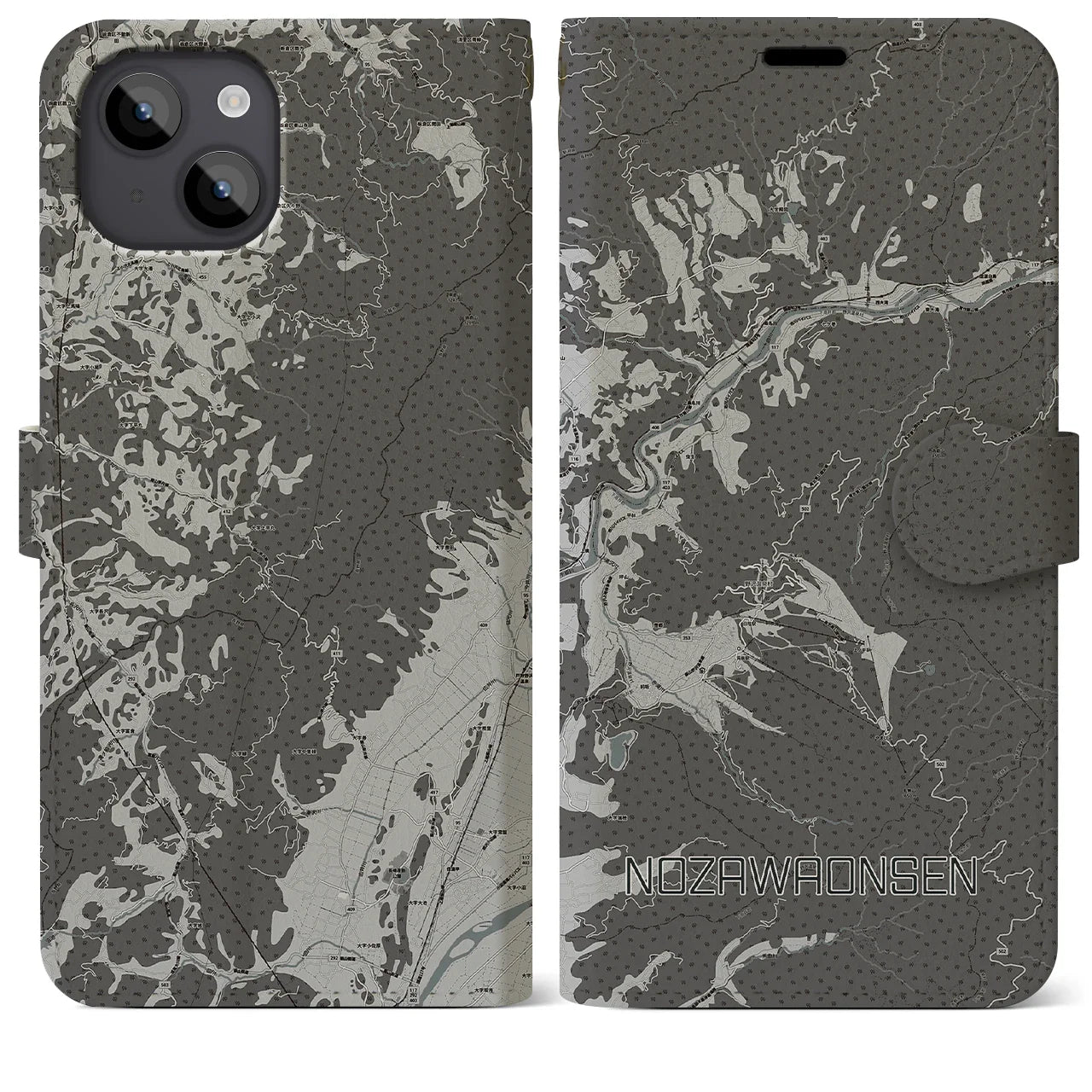 【野沢温泉(長野県)】地図柄iPhoneケース(手帳タイプ)モノトーン・iPhone 14 Plus 用
