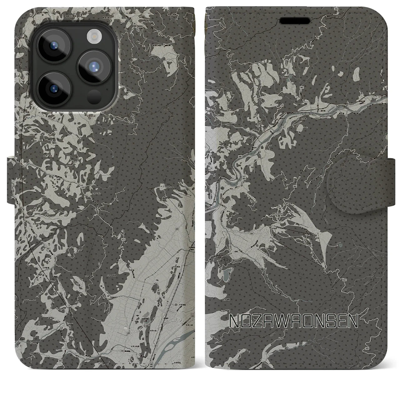 【野沢温泉(長野県)】地図柄iPhoneケース(手帳タイプ)モノトーン・iPhone 15 Pro Max 用