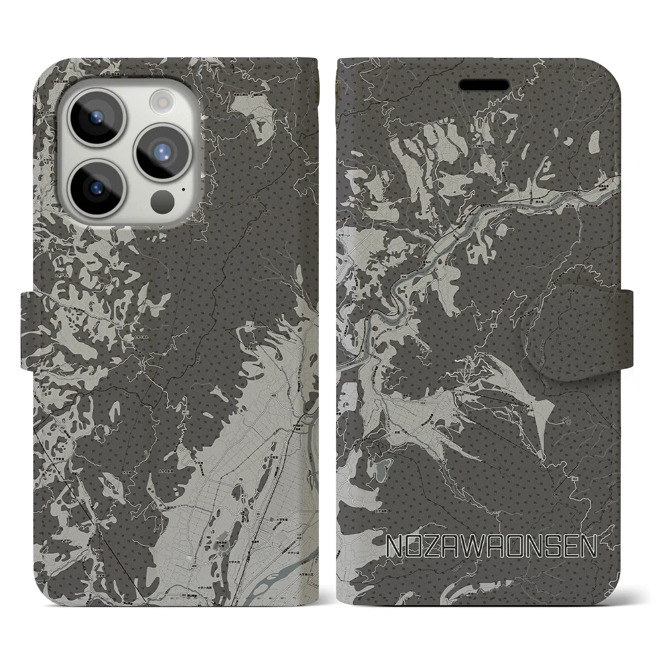 【野沢温泉(長野県)】地図柄iPhoneケース(手帳タイプ)モノトーン・iPhone 15 Pro 用