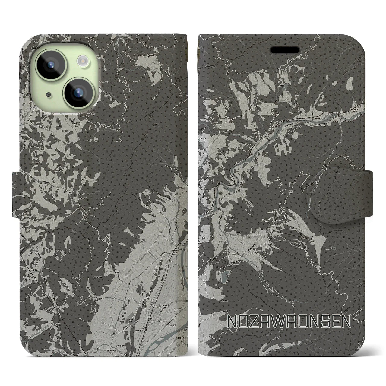 【野沢温泉(長野県)】地図柄iPhoneケース(手帳タイプ)モノトーン・iPhone 15 用