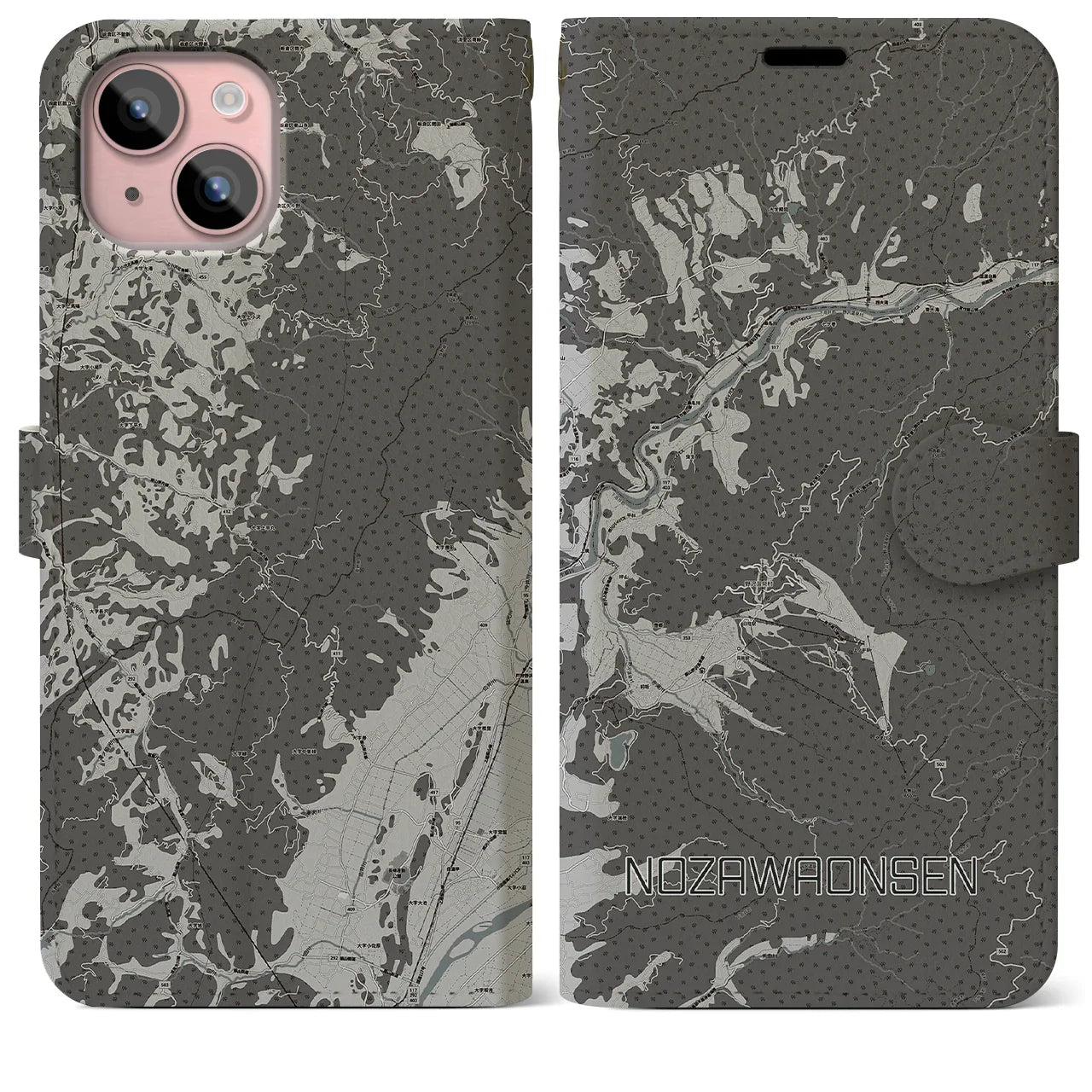 【野沢温泉(長野県)】地図柄iPhoneケース(手帳タイプ)モノトーン・iPhone 15 Plus 用