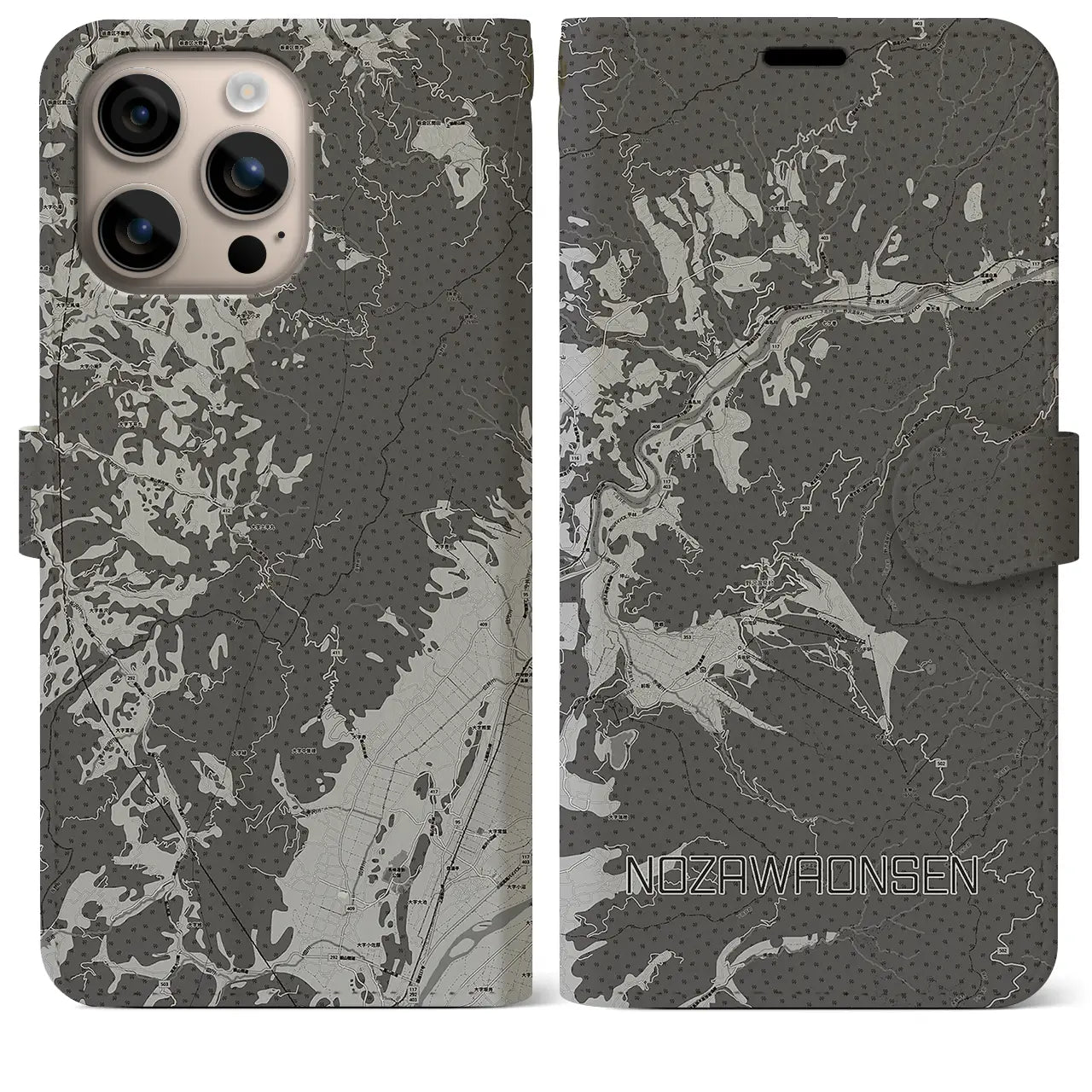 【野沢温泉(長野県)】地図柄iPhoneケース(手帳タイプ)モノトーン・iPhone 16 Plus 用