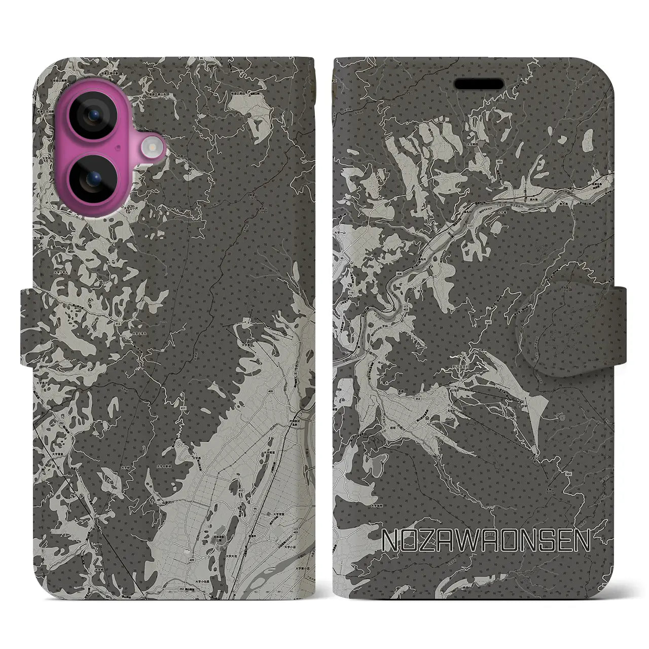 【野沢温泉(長野県)】地図柄iPhoneケース(手帳タイプ)モノトーン・iPhone 16 Pro 用