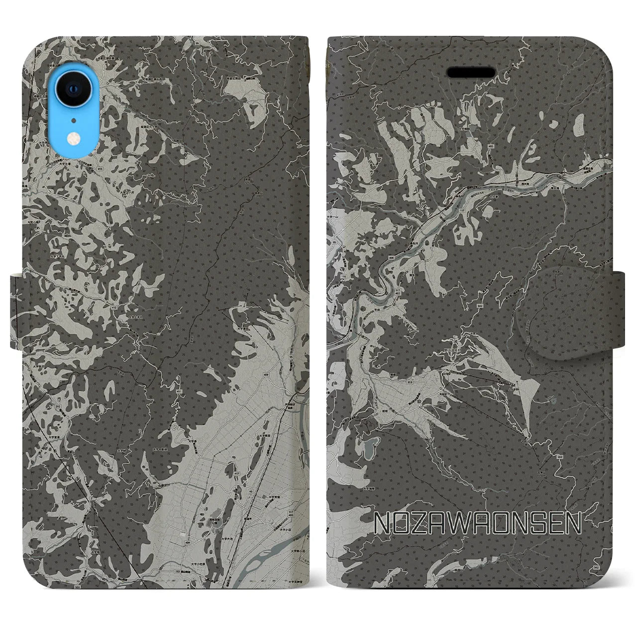【野沢温泉(長野県)】地図柄iPhoneケース(手帳タイプ)モノトーン・iPhone XR 用