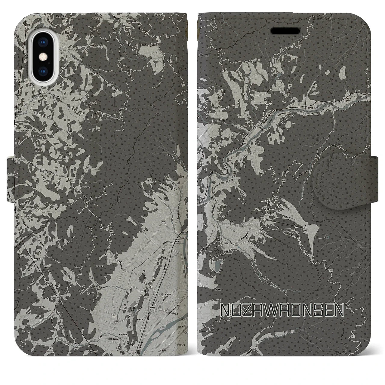 【野沢温泉(長野県)】地図柄iPhoneケース(手帳タイプ)モノトーン・iPhone XS Max 用