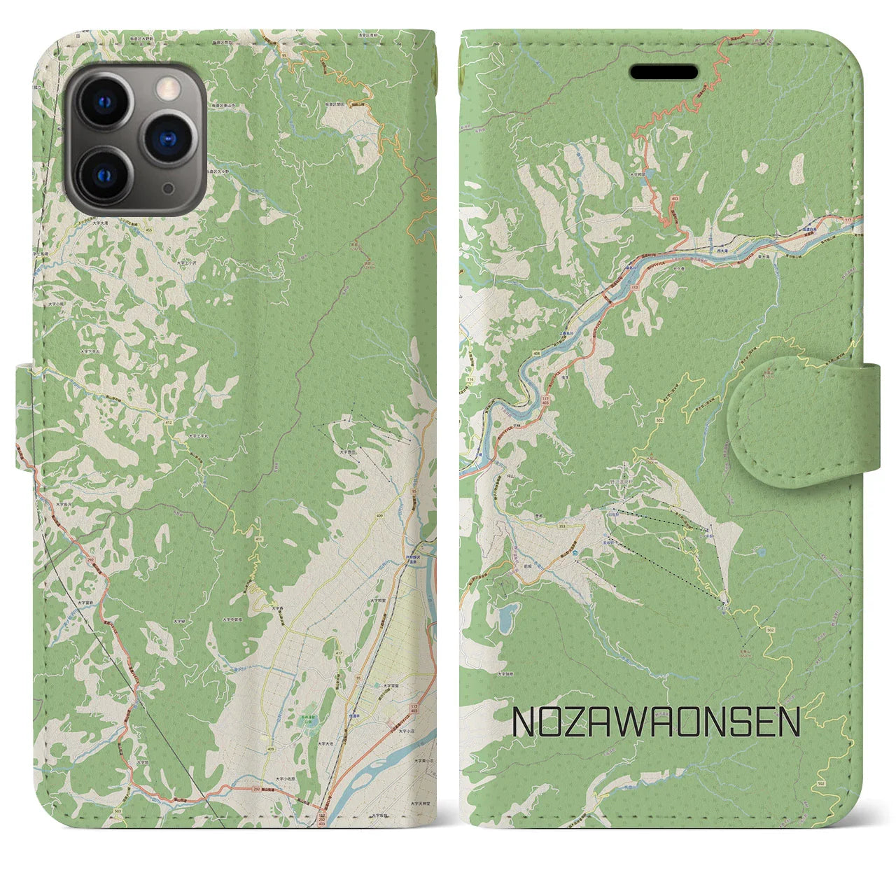 【野沢温泉(長野県)】地図柄iPhoneケース(手帳タイプ)ナチュラル・iPhone 11 Pro Max 用