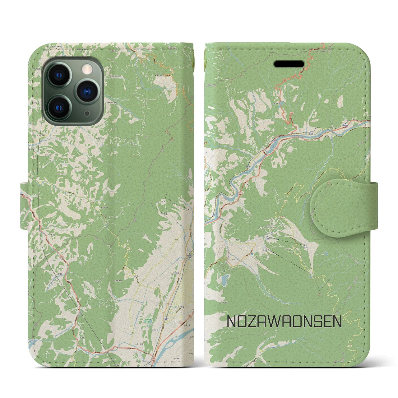 【野沢温泉(長野県)】地図柄iPhoneケース(手帳タイプ)ナチュラル・iPhone 11 Pro 用