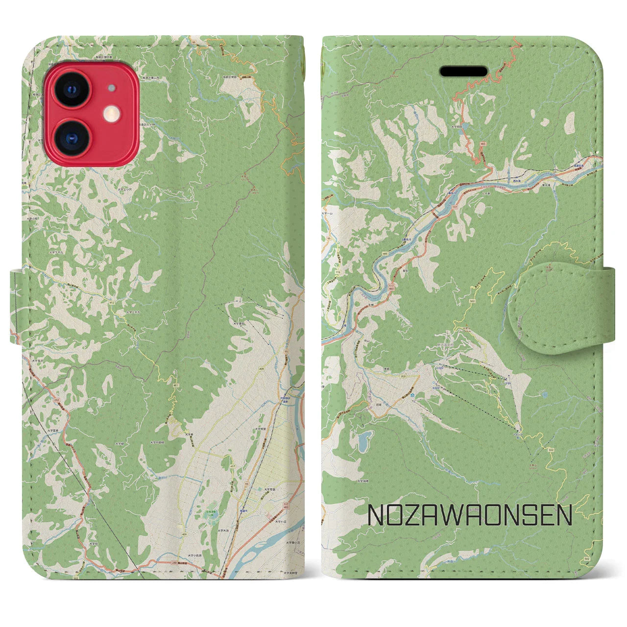 【野沢温泉(長野県)】地図柄iPhoneケース(手帳タイプ)ナチュラル・iPhone 11 用