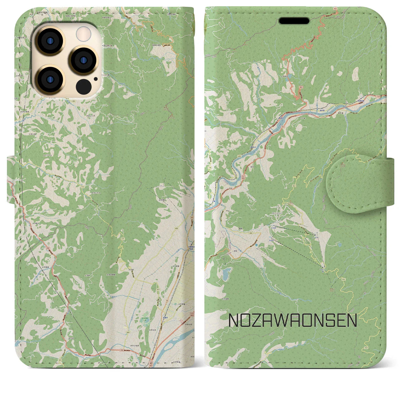 【野沢温泉(長野県)】地図柄iPhoneケース(手帳タイプ)ナチュラル・iPhone 12 Pro Max 用
