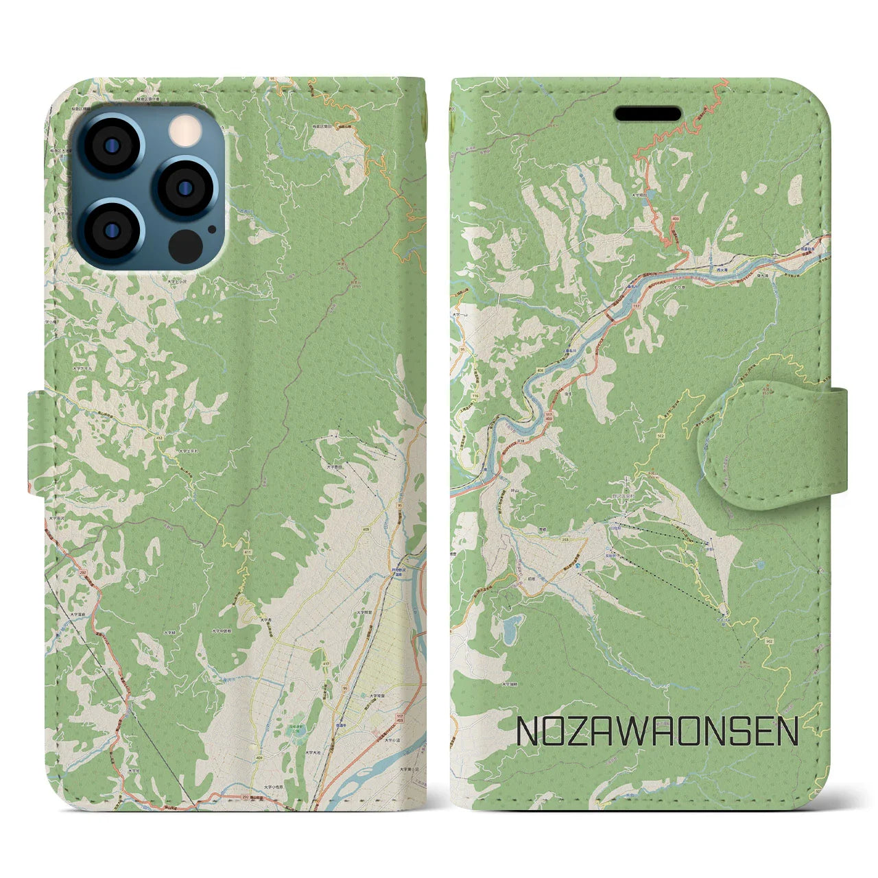 【野沢温泉(長野県)】地図柄iPhoneケース(手帳タイプ)ナチュラル・iPhone 12 / 12 Pro 用