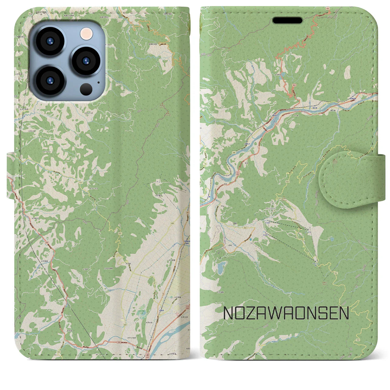 【野沢温泉(長野県)】地図柄iPhoneケース(手帳タイプ)ナチュラル・iPhone 13 Pro Max 用