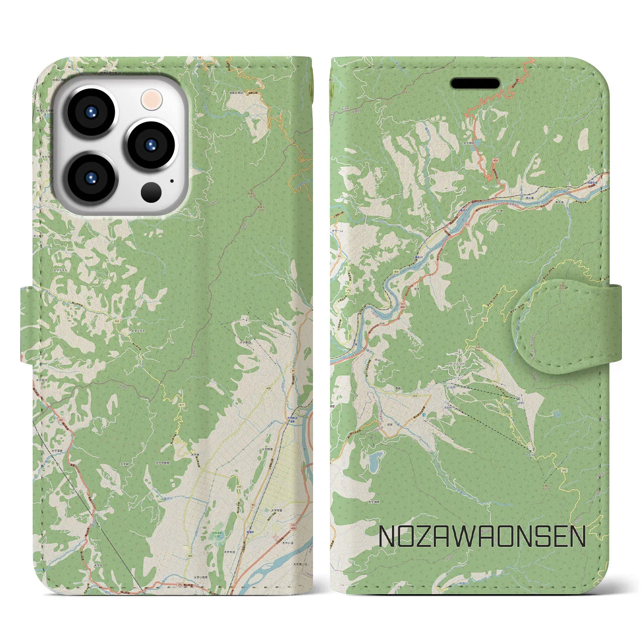 【野沢温泉(長野県)】地図柄iPhoneケース(手帳タイプ)ナチュラル・iPhone 13 Pro 用