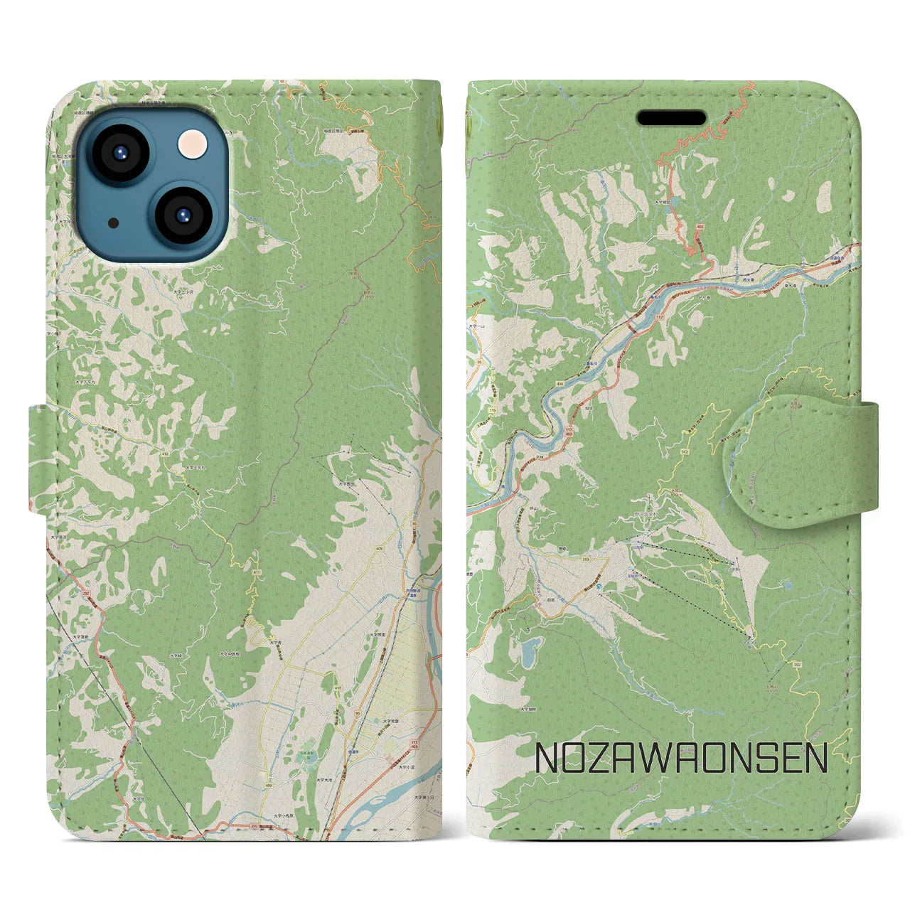 【野沢温泉(長野県)】地図柄iPhoneケース(手帳タイプ)ナチュラル・iPhone 13 用