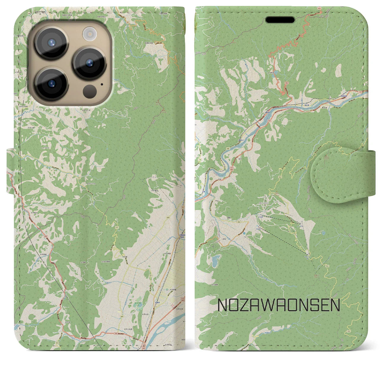 【野沢温泉(長野県)】地図柄iPhoneケース(手帳タイプ)ナチュラル・iPhone 14 Pro Max 用