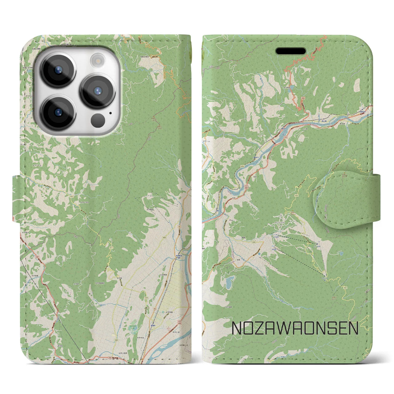 【野沢温泉(長野県)】地図柄iPhoneケース(手帳タイプ)ナチュラル・iPhone 14 Pro 用