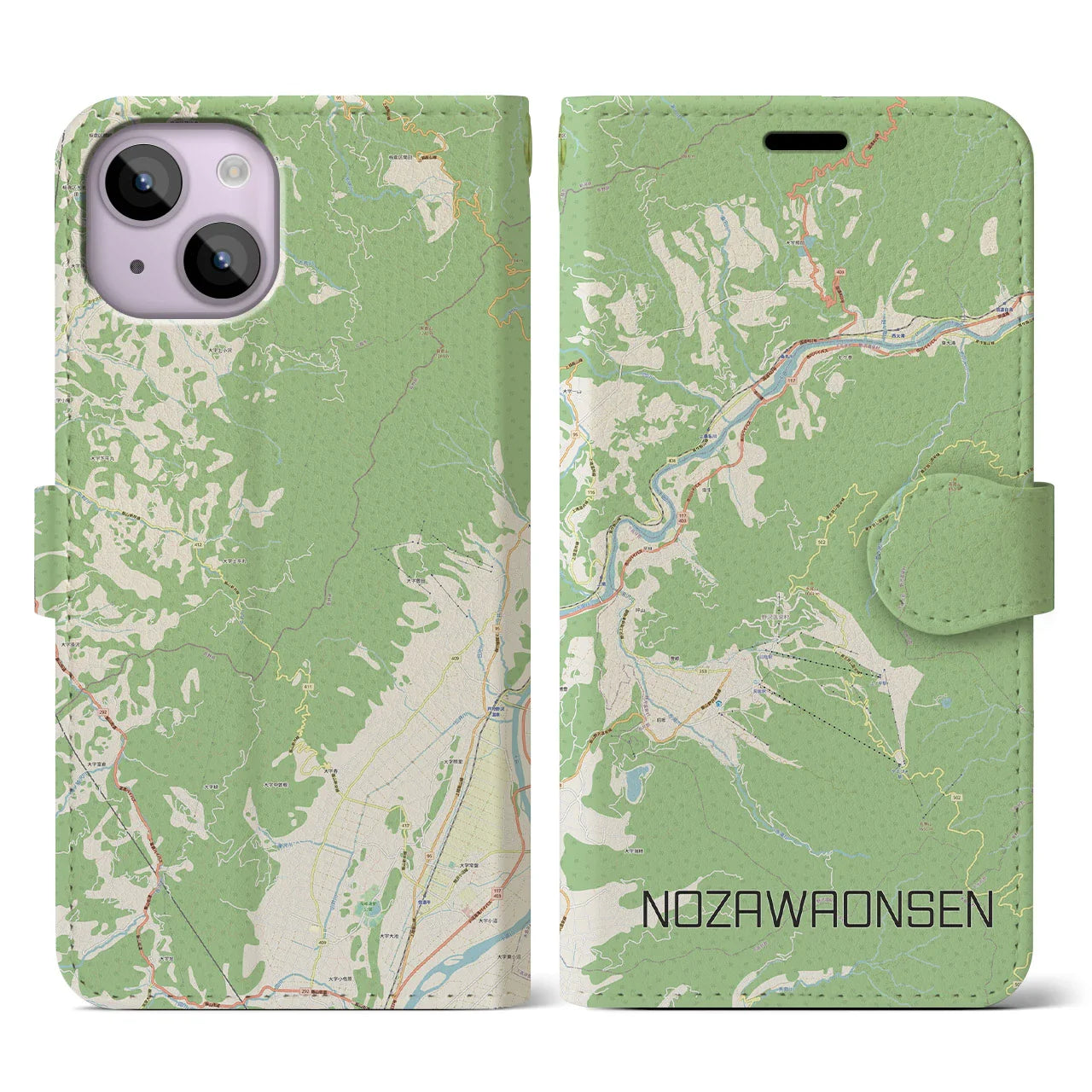 【野沢温泉(長野県)】地図柄iPhoneケース(手帳タイプ)ナチュラル・iPhone 14 用