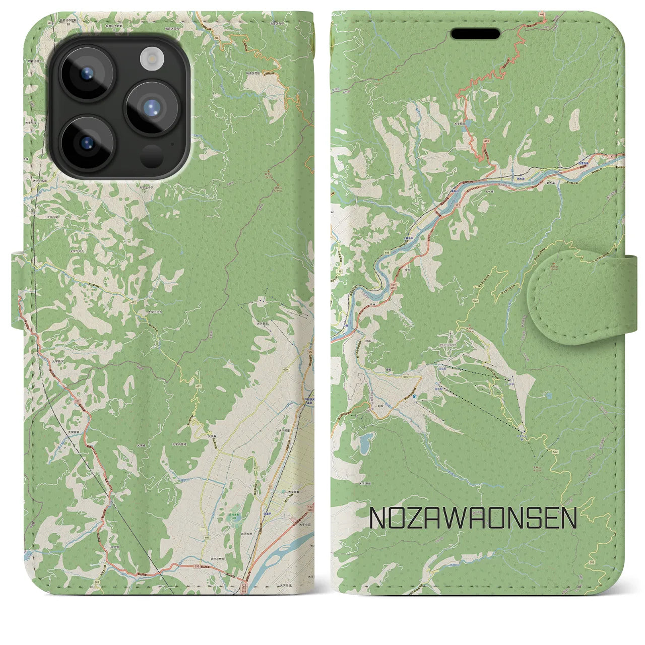 【野沢温泉(長野県)】地図柄iPhoneケース(手帳タイプ)ナチュラル・iPhone 15 Pro Max 用