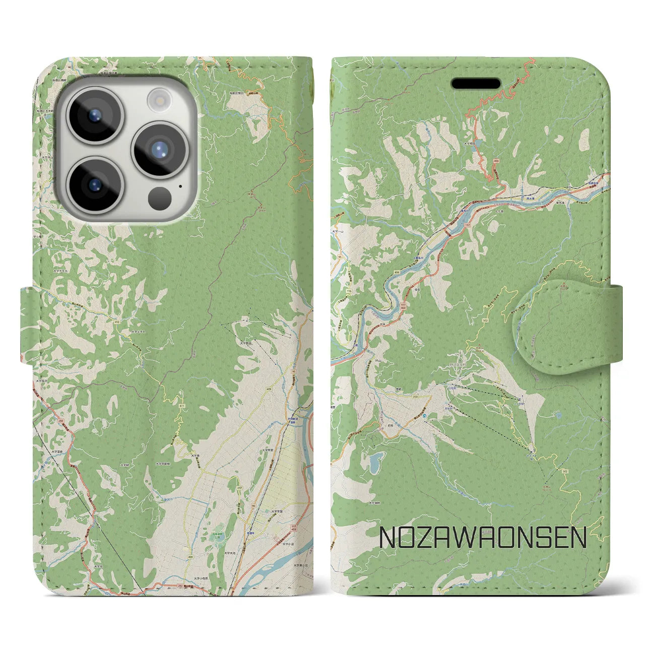 【野沢温泉(長野県)】地図柄iPhoneケース(手帳タイプ)ナチュラル・iPhone 15 Pro 用