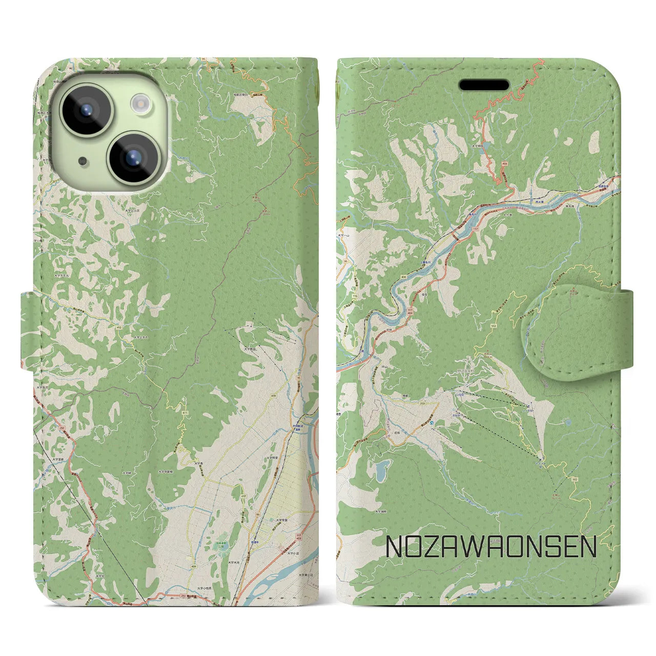 【野沢温泉(長野県)】地図柄iPhoneケース(手帳タイプ)ナチュラル・iPhone 15 用