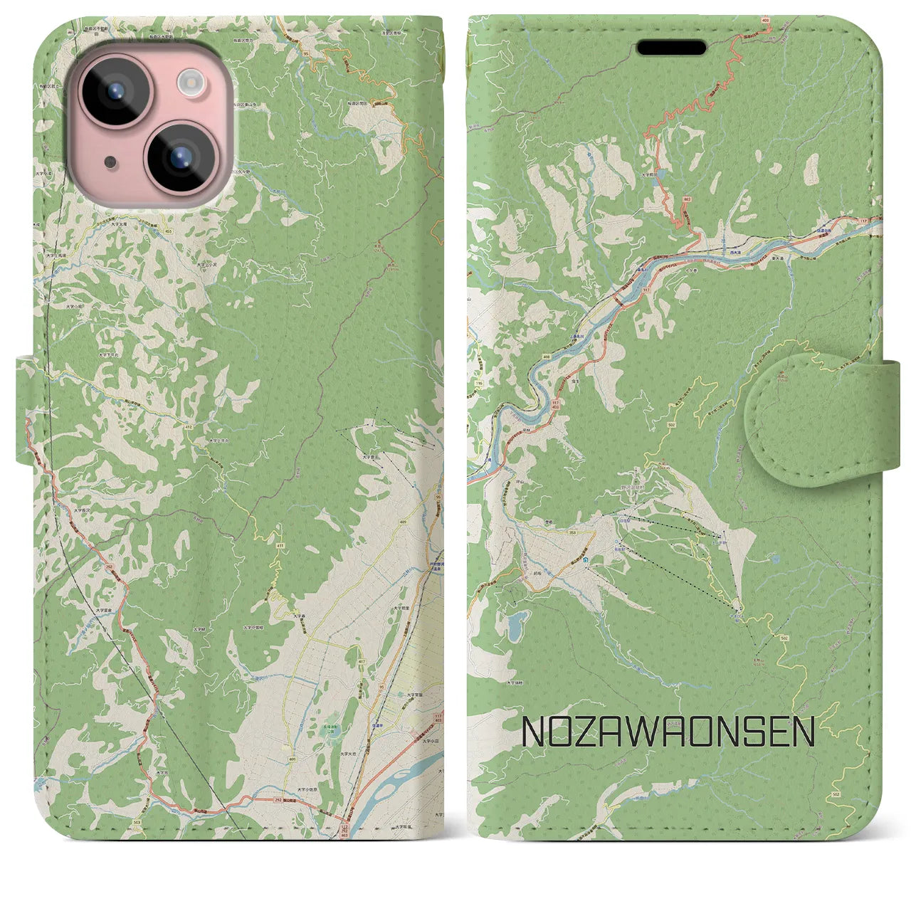 【野沢温泉(長野県)】地図柄iPhoneケース(手帳タイプ)ナチュラル・iPhone 15 Plus 用