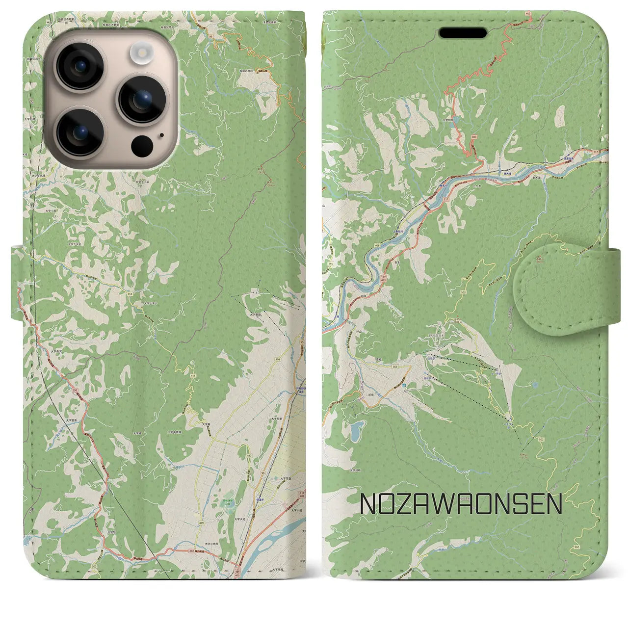 【野沢温泉(長野県)】地図柄iPhoneケース(手帳タイプ)ナチュラル・iPhone 16 Plus 用
