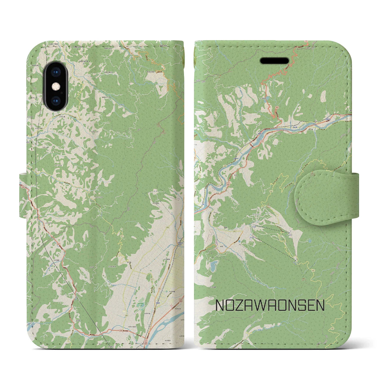 【野沢温泉(長野県)】地図柄iPhoneケース(手帳タイプ)ナチュラル・iPhone XS / X 用