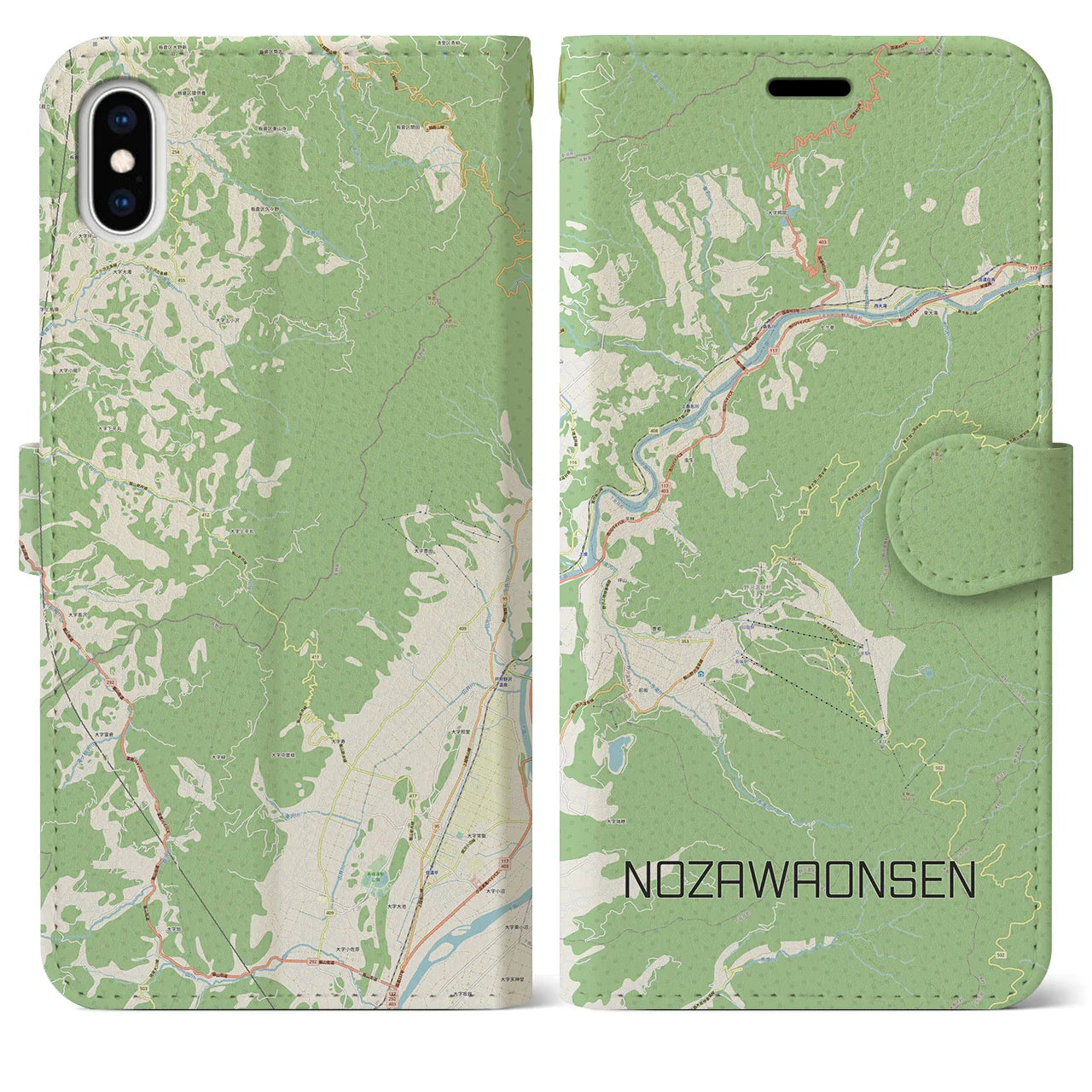 【野沢温泉(長野県)】地図柄iPhoneケース(手帳タイプ)ナチュラル・iPhone XS Max 用