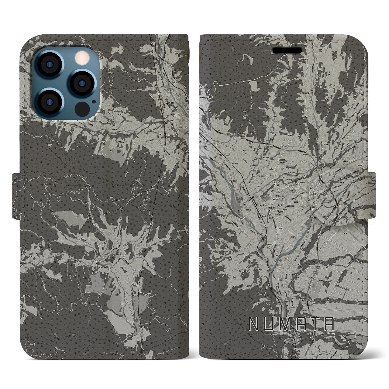 【沼田(群馬県)】地図柄iPhoneケース(手帳タイプ)モノトーン・iPhone 12 / 12 Pro 用