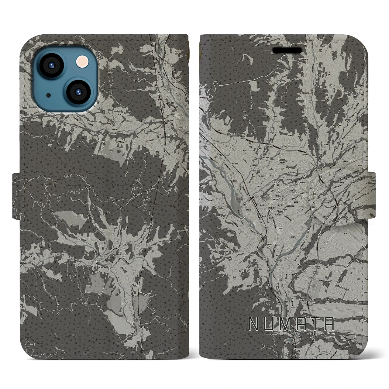 【沼田(群馬県)】地図柄iPhoneケース(手帳タイプ)モノトーン・iPhone 13 用