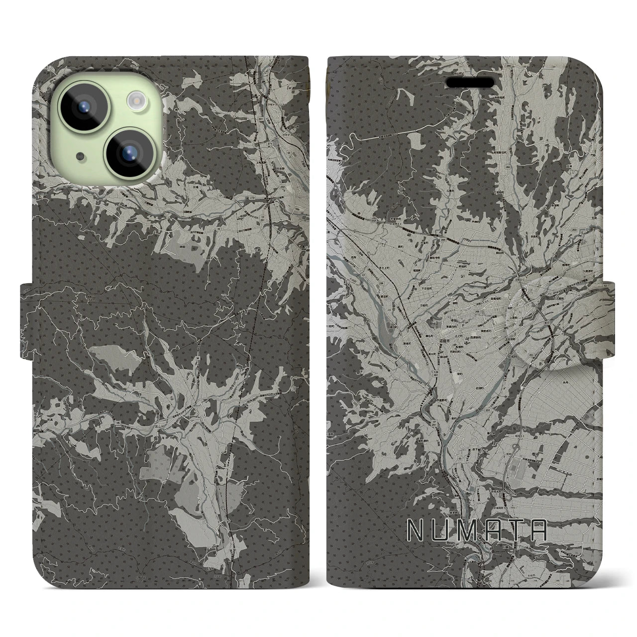 【沼田(群馬県)】地図柄iPhoneケース(手帳タイプ)モノトーン・iPhone 15 用