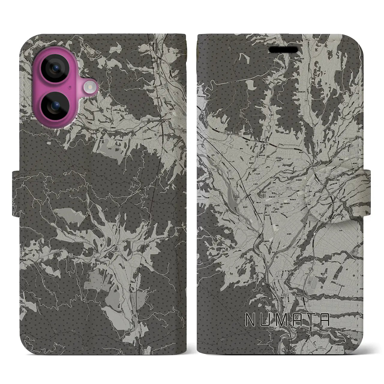 【沼田(群馬県)】地図柄iPhoneケース(手帳タイプ)モノトーン・iPhone 16 Pro 用